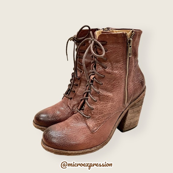 $428 Frye Vintage Brown Cognac Real Leather Distressed Zipper Lace Up Ankle Boot - Picture 5 of 11